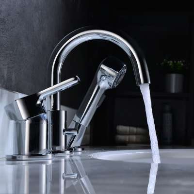 Classical Modern 3 Hole Bathroom Faucet Cold Hot Brass Wash Hand Basin With Pull Out Mixer Tap